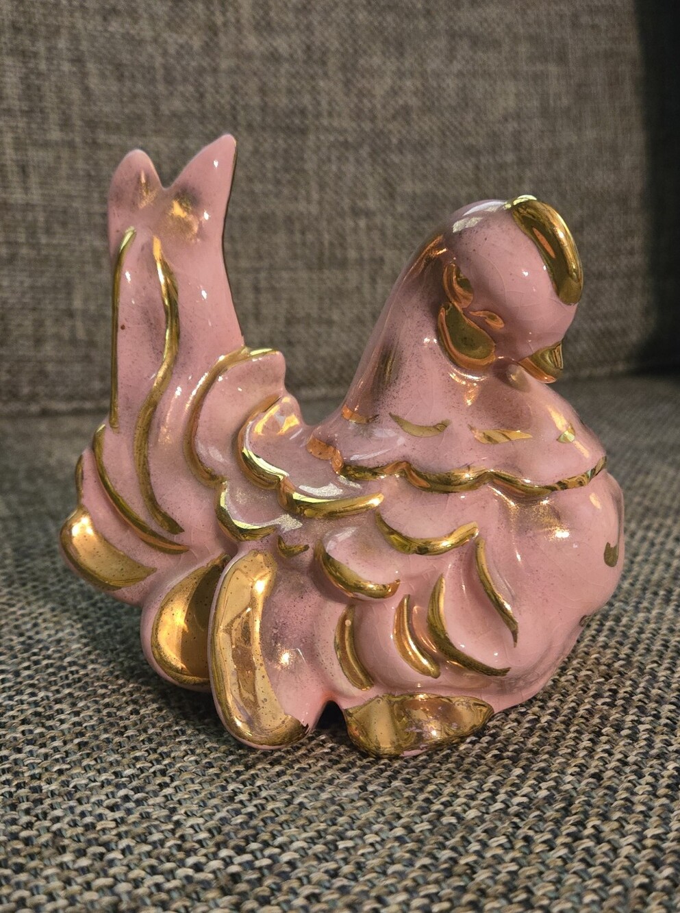 Pink Ceramic Hen Figurine with Gold Accents